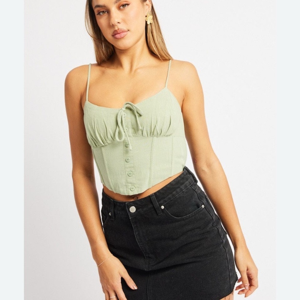 Ally Green Cami Crop Top Corset Linen casual chic coquette cottagecore milkmaid - Picture 2 of 15